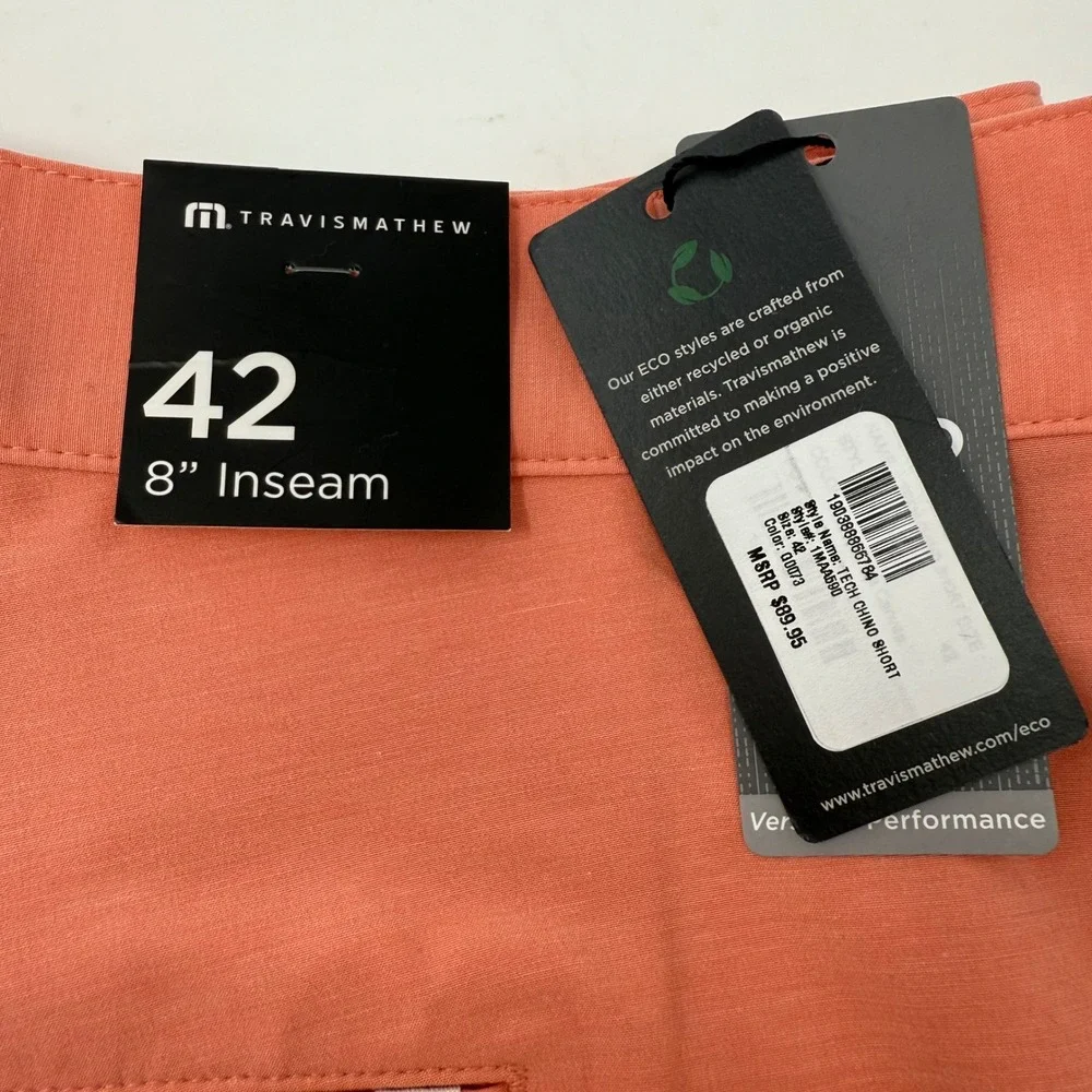Travis Mathew‎ Mens 42 Tech Chino Shorts 8 Inseam Coral Orange 1MA590 NEW